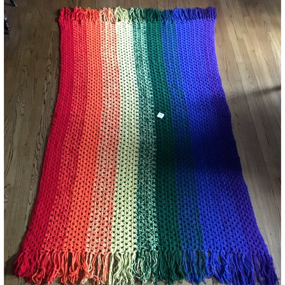 Handmade Crochet Rainbow Afghan Blanket Throw Fringe Edge 54W x 84L - Picture 5 of 12
